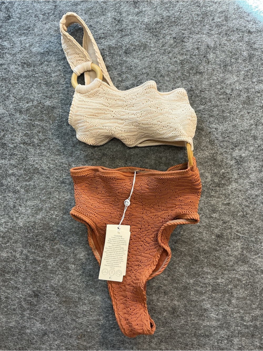 Cleonie Two-Tone Textured One-Shoulder Bikini Set in Cream and Rust One Size